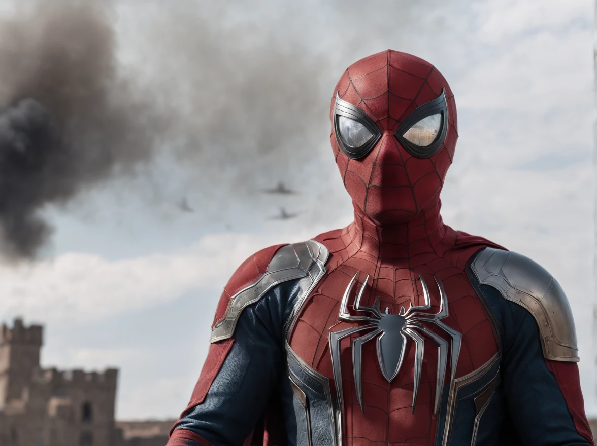 A Spiderman wearing bleeding medieval soldier looks into the distance to see a burning medieval city being attacked by fighter jets, no colour custome, no colour armor, long sword and shield on hands, spiderman wearing full medieval armor, full steel medieval armor, fullsteel colour, steel colour, bleeding medieval soldier, accurate medieval armor, realistic medieval armor, burning city, smoke clouds, distant fighter jets, over the shoulder view, cinematic, bloody armor, bloodied armor, blood on helmet,