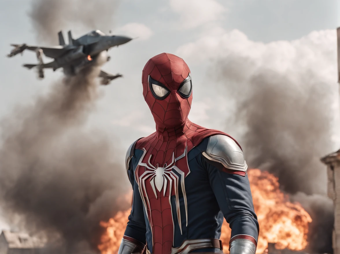 A Spiderman wearing bleeding medieval soldier looks into the distance to see a burning medieval city being attacked by fighter jets, no colour custome, no colour armor, long sword and shield on hands, spiderman wearing full medieval armor, full steel medieval armor, fullsteel colour, steel colour, bleeding medieval soldier, accurate medieval armor, realistic medieval armor, burning city, smoke clouds, distant fighter jets, over the shoulder view, cinematic, bloody armor, bloodied armor, blood on helmet,