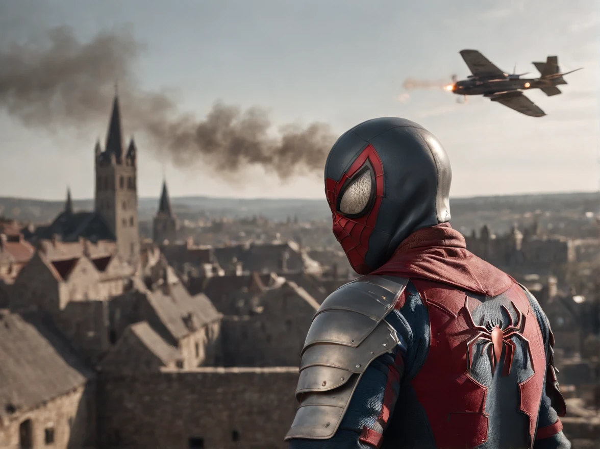 A Spiderman wearing bleeding medieval soldier looks into the distance to see a burning medieval city being attacked by fighter jets, no colour custome, no colour armor, long sword and shield on hands,  spiderman wearing full medieval armor, full steel medieval armor, fullsteel colour, steel colour, bleeding medieval soldier, accurate medieval armor, realistic medieval armor, burning city, smoke clouds, distant fighter jets, over the shoulder view, cinematic, bloody armor, bloodied armor, blood on helmet,