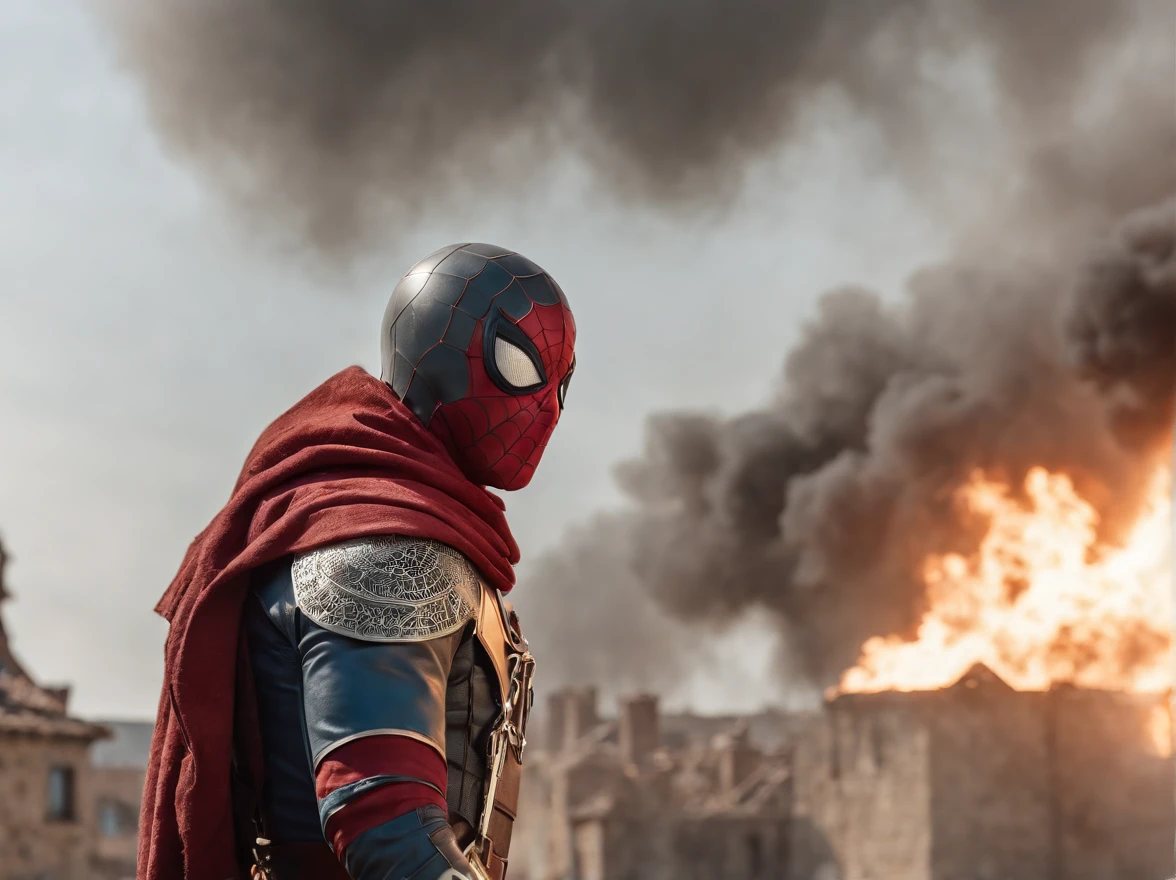 A Spiderman wearing bleeding medieval soldier looks into the distance to see a burning medieval city being attacked by fighter jets, no colour custome, no colour armor, long sword and shield on hands, spiderman wearing full medieval armor, full steel medieval armor, fullsteel colour, steel colour, bleeding medieval soldier, accurate medieval armor, realistic medieval armor, burning city, smoke clouds, distant fighter jets, over the shoulder view, cinematic, bloody armor, bloodied armor, blood on helmet,