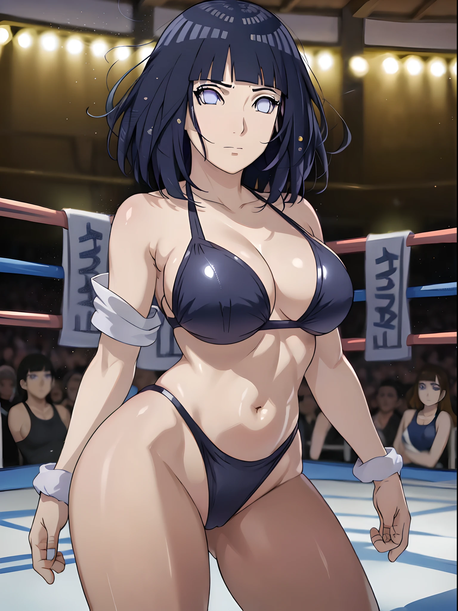 (ultra detailed body, ultra detailed face), ((solo)), anime style, hires, ((pro wrestling arena, pro wrestling match, crowd watching)), (hinata\(boruto\), (female wrestler), (slender body, broad shouders), mature woman, milf, (black bikini, ultra detailed pro wrestling gear), victorious, gorgeous, winner, confident face, closed mouth, (pale skin, shiny skin, lighting and shadow), (dark blue hair color:1.1), wavy hair, ((short hair, hime cut, floating hair), big breasts, (warming up), (long belly), (closed fists), seductive, (perfect eyes, white sciera, bright eyes, white eyes, anime eyes, looking at the viewer)