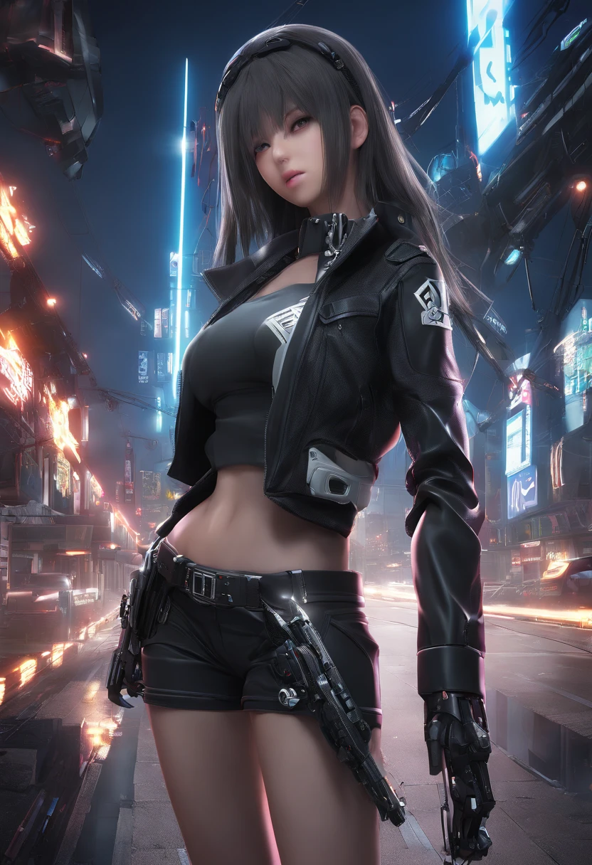 ((medium breast, tomboy girl, small head)), daylight, sunlight, (chiseled abs : 1.1), (perfect body : 1.1), (long straight hair : 1.2), collar, chain, full body shot, crowded street, wearing tight tanktop, jeans jacket, ((shorts)), (extremely detailed CG 8k wallpaper), (an extremely delicate and beautiful), (masterpiece), (best quality:1.0), (ultra highres:1.0), beautiful lighting ,perfect lightning, realistic shadows, [high res], detailed skin, ultra-detailed