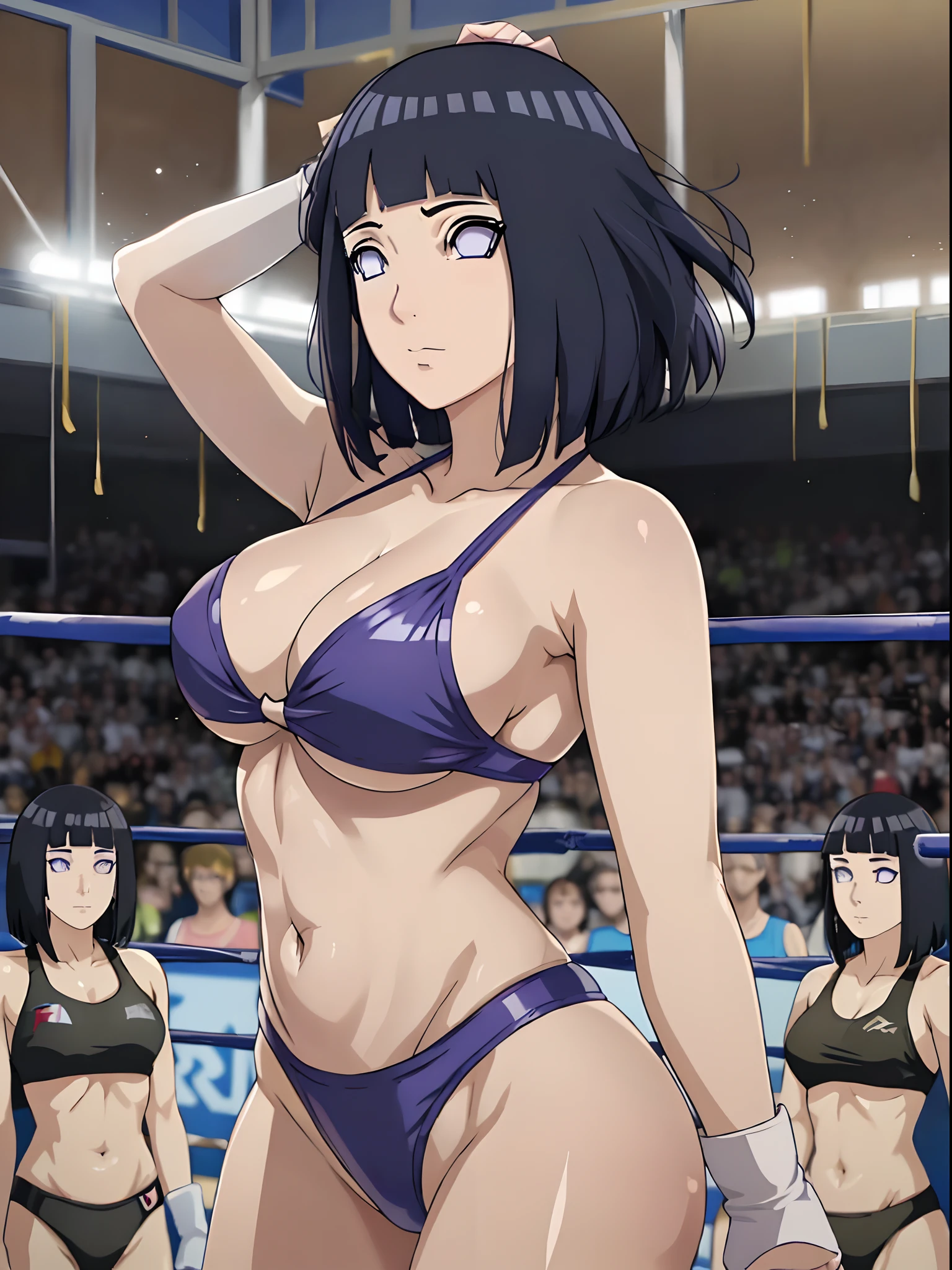 (ultra detailed body, ultra detailed face), ((solo)), anime style, hires, ((pro wrestling arena, pro wrestling match, crowd watching)), (hinata\(boruto\), (female wrestler), (slender body, broad shouders), mature woman, milf, (black bikini, ultra detailed pro wrestling gear), victorious, gorgeous, winner, confident face, closed mouth, (pale skin, shiny skin, lighting and shadow), (dark blue hair color:1.1), wavy hair, ((short hair, hime cut, floating hair), big breasts, (warming up), (long belly), (closed fists), seductive, (perfect eyes, white sciera, bright eyes, white eyes, anime eyes, looking at the viewer)