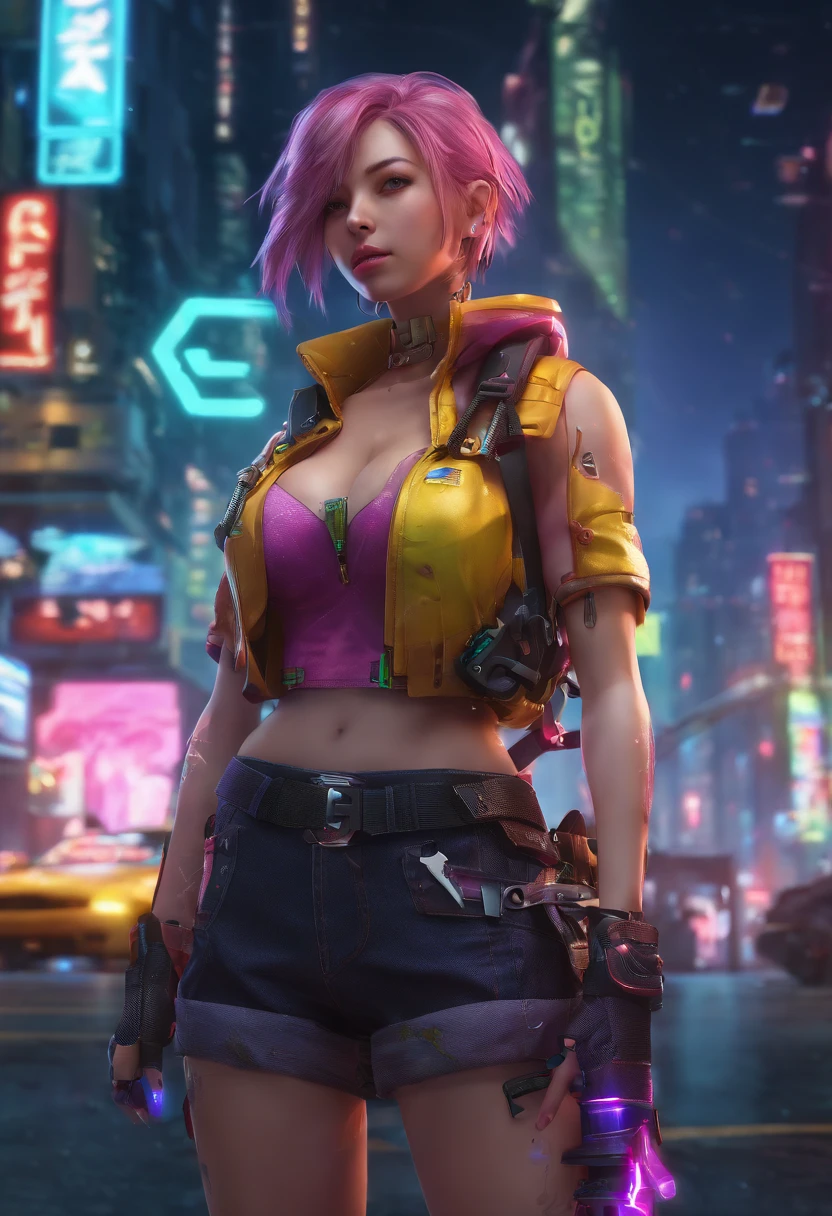 ((medium breast, tomboy girl, small head)), daylight, sunlight, (chiseled abs : 1.1), (perfect body : 1.1), (long straight hair : 1.2), collar, chain, full body shot, crowded street, wearing tight tanktop, jeans jacket, ((shorts)), (extremely detailed CG 8k wallpaper), (an extremely delicate and beautiful), (masterpiece), (best quality:1.0), (ultra highres:1.0), beautiful lighting ,perfect lightning, realistic shadows, [high res], detailed skin, ultra-detailed