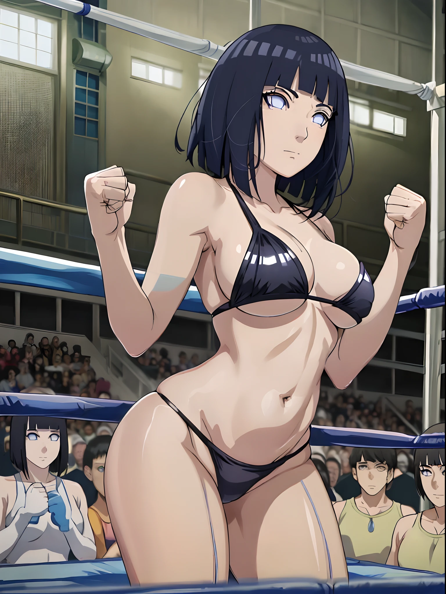 (ultra detailed body, ultra detailed face), ((solo)), anime style, hires, ((pro wrestling arena, pro wrestling match, crowd watching)), (hinata\(boruto\), (female wrestler), (slender body, broad shouders), mature woman, milf, (black bikini, ultra detailed pro wrestling gear), victorious, gorgeous, winner, confident face, closed mouth, (pale skin, shiny skin, lighting and shadow), (dark blue hair color:1.1), wavy hair, ((short hair, hime cut, floating hair), big breasts, (warming up), (long belly), (closed fists), seductive, (perfect eyes, white sciera, bright eyes, white eyes, anime eyes, looking at the viewer)