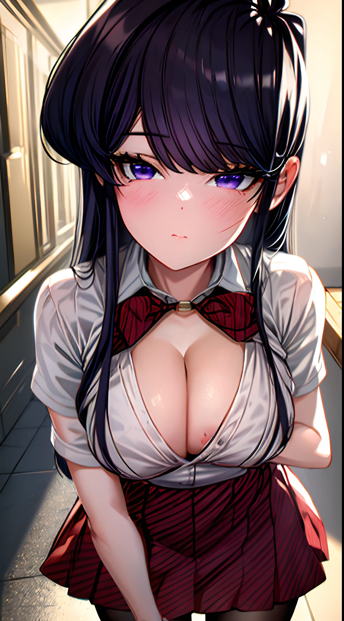 ((komi shouko)), 1girl, bangs, black pantyhose,cleavage_cutout,bursting breast,undersized clothes,cleavage, short sleeved shirt, blush, bow, bowtie, breasts, closed mouth, collared shirt, cowboy shot, (diagonal-striped skirt), expressionless, outdoors, highres, (komi-san wa komyushou desu), long hair, looking at viewer, medium breasts, pantyhose, pleated skirt, purple eyes, purple hair, red bow, red bowtie, (red skirt:1.4), shirt, skirt, solo, striped, striped bow, striped bowtie, striped skirt, swept bangs, white shirt,higly detailed,masterpiece,depth of field, masterpiece, best quality, 4k, distinct image, Amazing, hyper detailed, extremely detailed cg, illustration, dramatic lighting, light source contrast, best illumination, high resolution,realistic, (ultra detailed),masterpiece, best quality,erotic,sexy,(masterpiece, best quality:1.4),high quality, highly detailed,detailed,perfect,(Highres), (Detailed Illustration), Ultra-Detailed, Ambient Light, Realistic Shadows, Detailed Face,