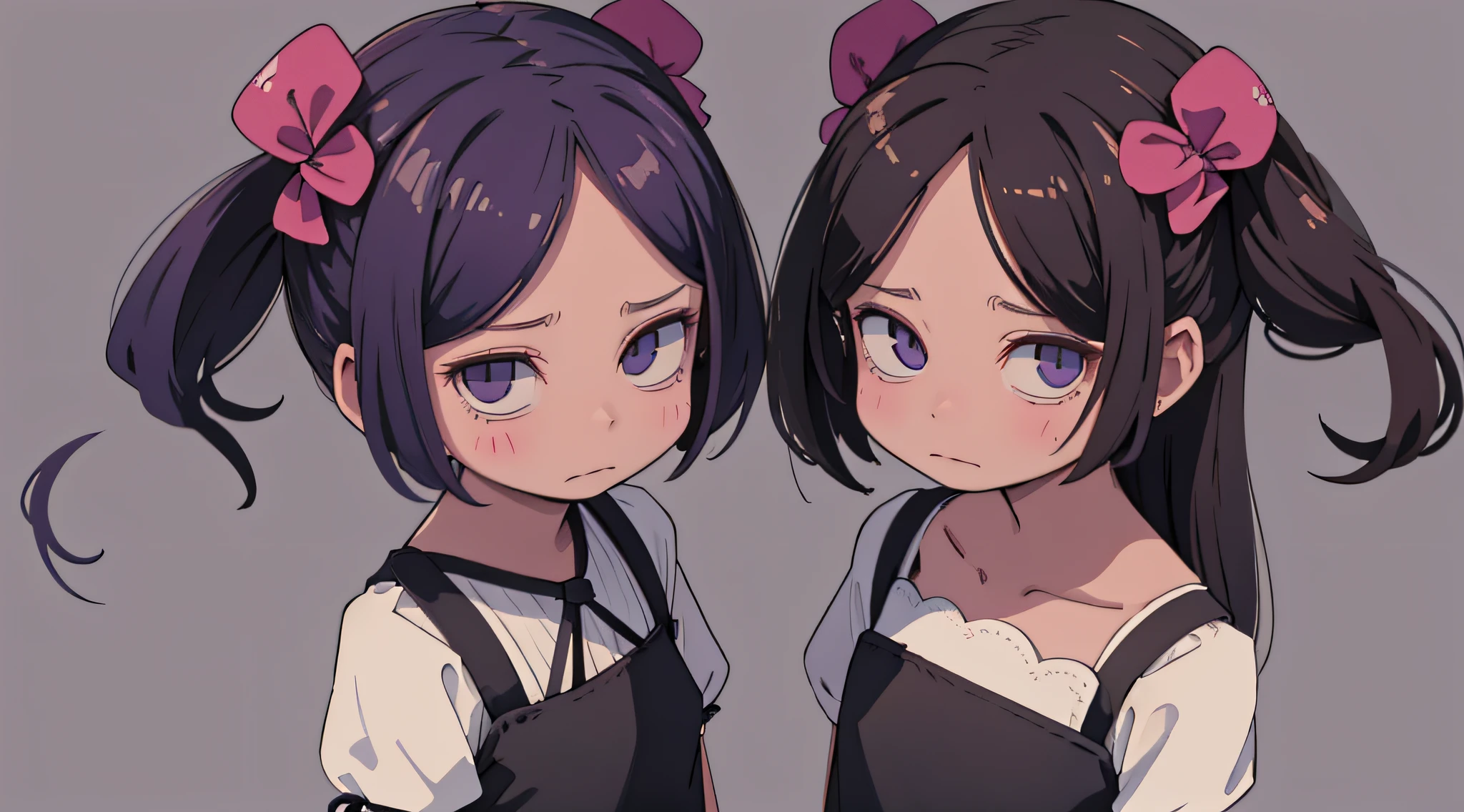 twin sisters, vestindo uma um vestido rosa e a outra um roxo, cabelos longos, looking up with a facial expression of anger. cores vivas.