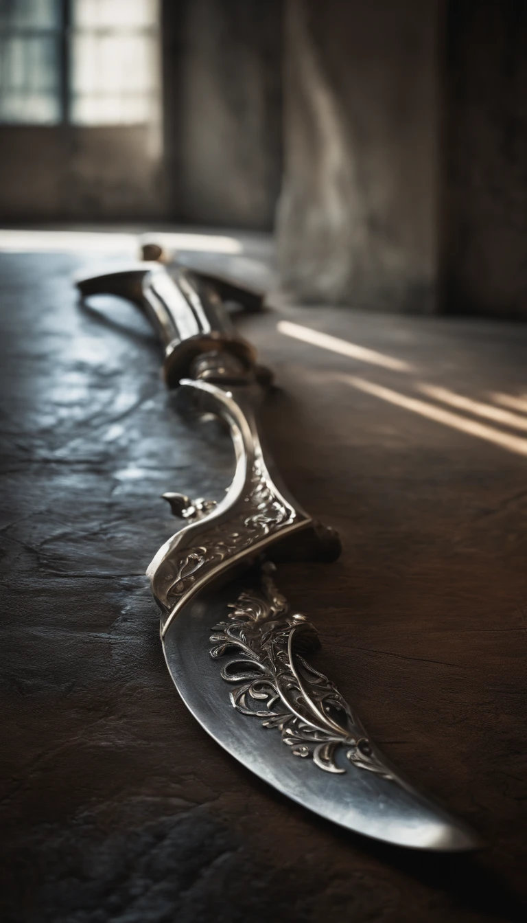 (Destacado、profissional、surreal)、Espada de prata branca detalhada, Metallic magic texture, lying on floor