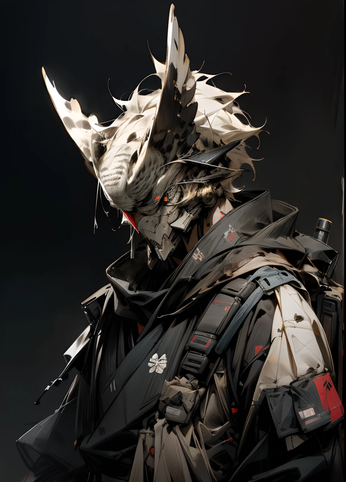Realistic style, a potrait mecha owl wear streetwear robe and backpack , muted colors, shiny, samurai looking,detailed, looks dirty and blessing,black background,by Aleksi Briclot