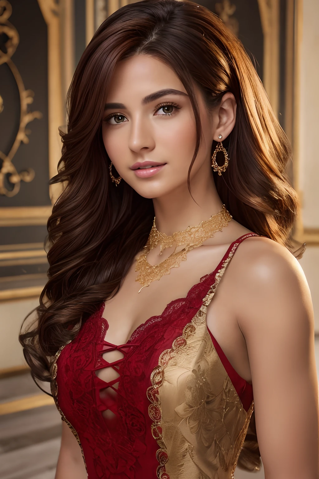 (extremely detailed CG unit 8k wallpaper, Masterpiece, Best Quality, Ultra-detailed), (better lighting, better shadow), 18-year-old Spaniard, Mature, Square Face, Wearing 1 red rose around the neck of the necklace, in a black lace dress with red, gold earrings, features, as Maria Padilla, (highly detailed skin: 1.2), medium-chestnut, Loose hair with illumination