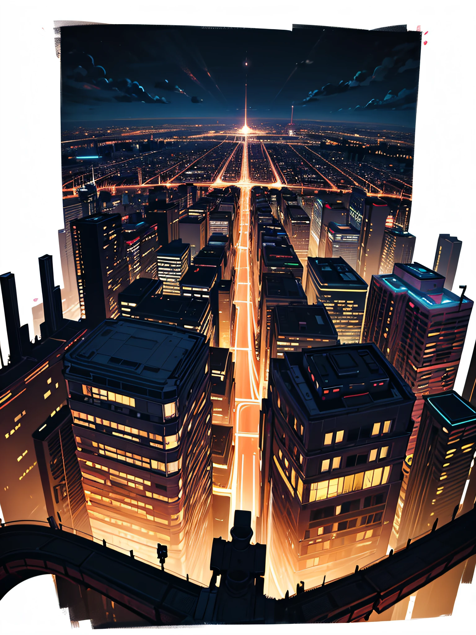 Graphic art t-shirt design, city at night, (((clean background))), digital painting, 8k