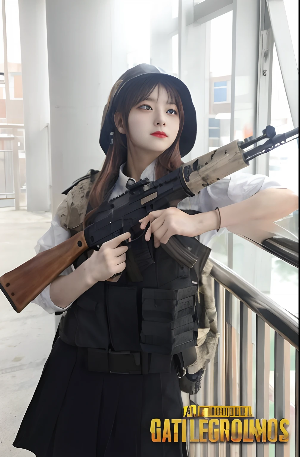arafed girl in uniform holding a rifle and a gun, realistic cosplay, professional cosplay, with rifle, m4 sopmod ii girls frontline, girls frontline style, full-cosplay, anime cosplay, anime girl cosplay, cosplay, ak 1 2, airsoft gun, inspired by Leng Mei, high quality costume, mechanized soldier girl, airsoft electric pistol, cosplayer