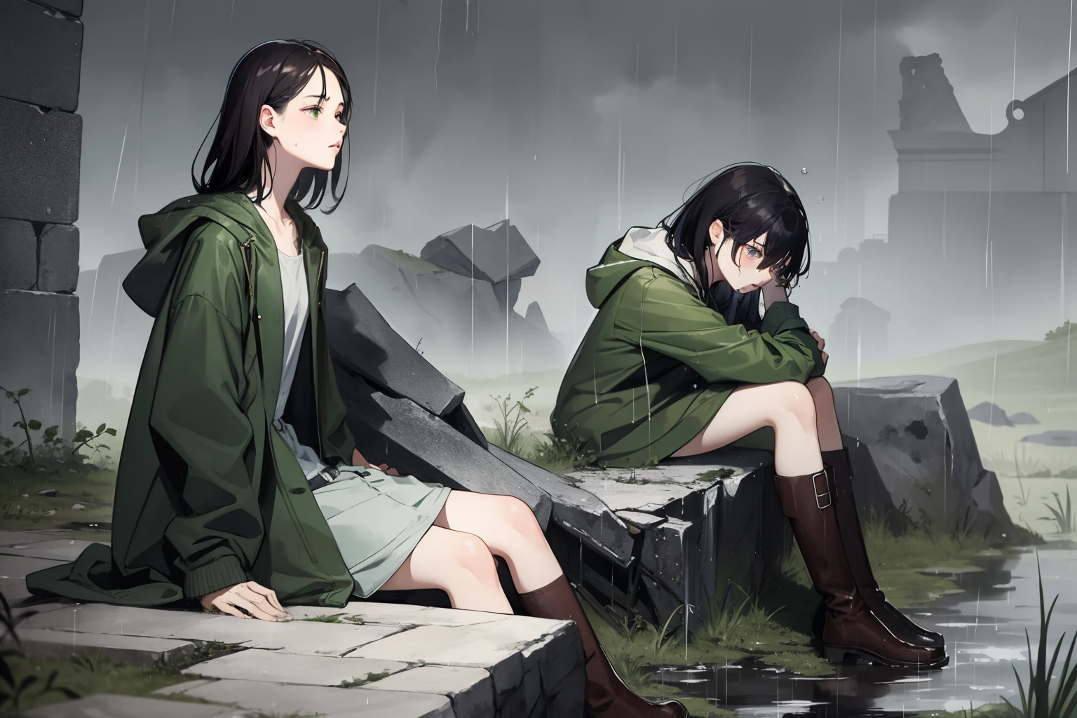 masterpiece, best quality, 2girls, (closeup), 18yo teen, slim, small breast, side view, sitting on stone, sad, tired, dirty face, green raincoat, goggles on head, (backpacks), heavy rain, downpour, wasteland, ruins, grey, desolate, rain, dark, watercolor