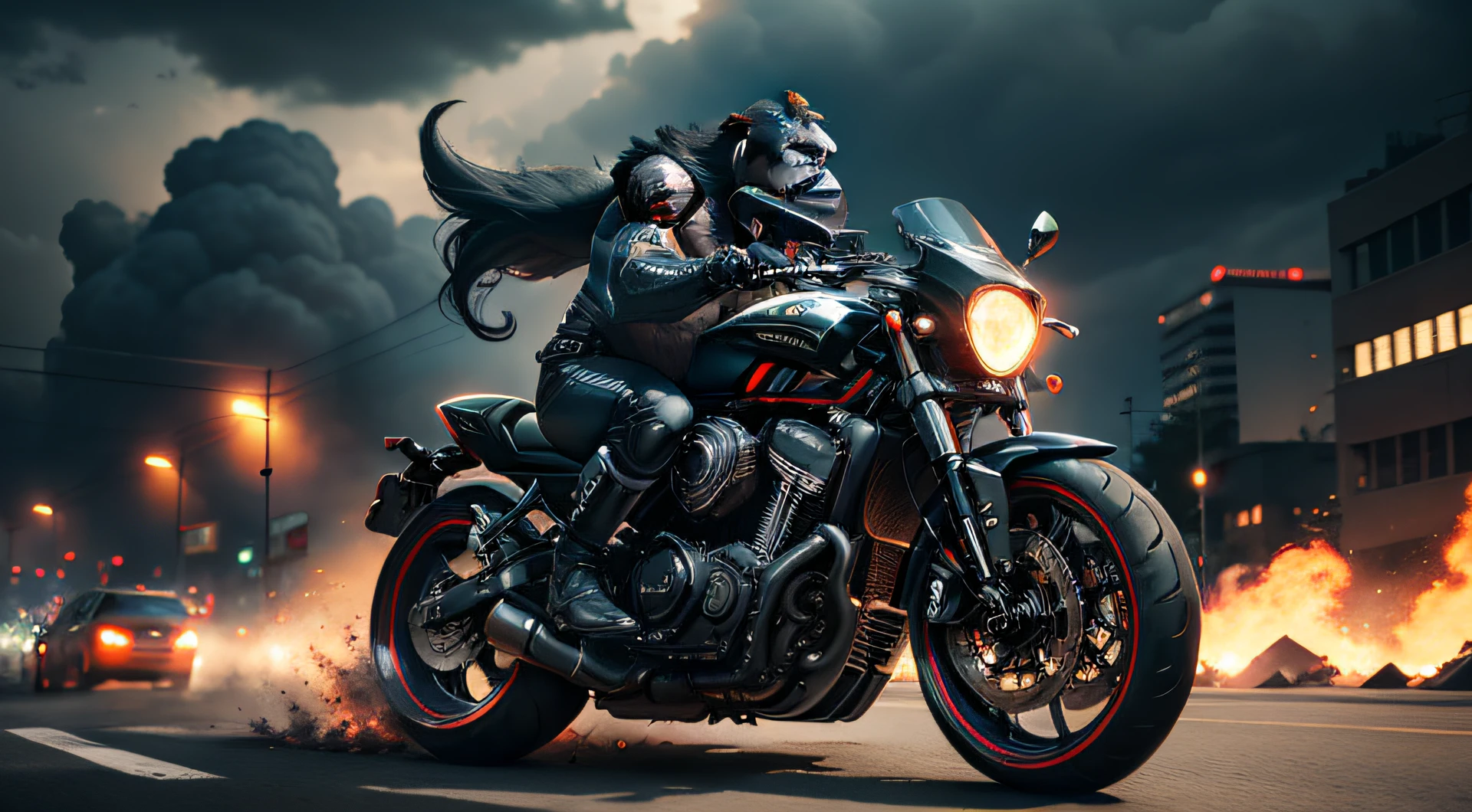 (malevolent, evil gorilla, biker, sports bike), [dangerous], [sinister], [intense], [dark and edgy], [aggressive], [menacing], [eerie], [rebellious], (best quality,4k,8k,highres,masterpiece:1.2),ultra-detailed,(realistic,photorealistic,photo-realistic:1.37), [detailed fur texture], [powerful muscles], [intimidating facial expression], [shining red eyes], [tattooed arm], [leather-clad biker suit], [frighteningly large claws], [ominous dark clouds], [blurred high-speed motion], [dramatic lighting], [racing through a desolate city], [roaring engine sound], [gritty urban atmosphere], [sparks flying from the wheels], [sinister aura], [threatening presence], [high adrenaline], [nightmarish], [fear-inducing], [maneuvering through sharp corners], [leaping over obstacles], [vivid colors], [boosts of flames from the exhaust], [heavy metal soundtrack], [fiery trails], [demon-like appearance], [dominating the road], [creating chaos and terror].