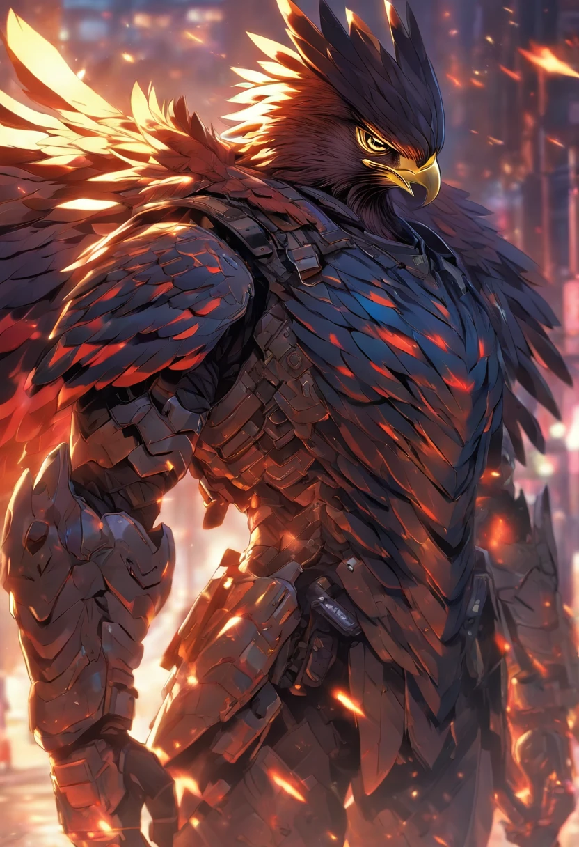 Hawk wears combat armor, standing, on the road, stunning style