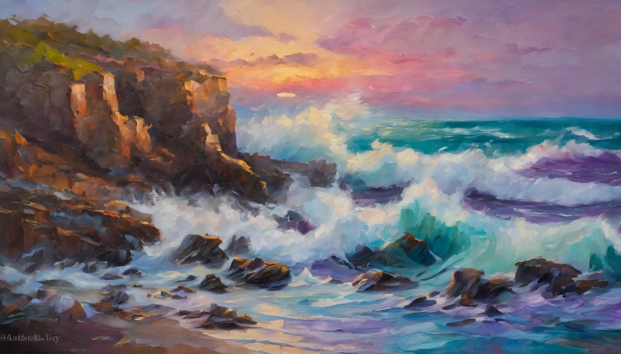 A vibrant seascape scene capturing the raw power of the ocean with waves crashing dramatically upon rugged reefs. Beautiful end of the day sky with purple and pink shades. Realistic sea waters and rock formations. Expressionist light and shadow. Hyperrealistic oil on canvas. Detailed, intricate artwork.