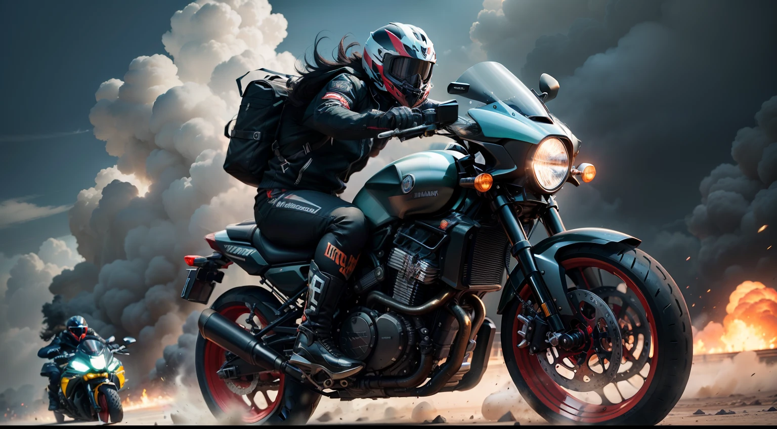 (malevolent, [[gorila malvado]], motociclista, bicicleta esportiva), (face ultra detalhada), [perigoso], [sinistro], [intenso], [escuro e ousado], [agressivo], [menacingly], [estranho], [rebelde], (melhor qualidade,4k,8k,Altas,master part:1.2),ultra-detalhado,(Realistic,fotorrealista,photo-realistic:1.37), [textura detalhada do pelo], [powerful muscles], [intimidating facial expression], [olhos vermelhos brilhantes], [tattooed arm], [terno de motociclista revestido de couro], [garras assustadoramente grandes], [nuvens escuras sinistras], [movimento de alta velocidade desfocado], [dramatic lighting], [Correndo por uma cidade desolada], [som do motor rugindo], [atmosfera urbana arenosa], [Sparks flying from the wheels], [Aura sinistra], [menacing presence], [alta adrenalina], [Pesadelo], [indutor de medo], [maneuvers through sharp corners], [Jumping over obstacles], [vivid colors], [Impulsos de chamas do escapamento], [trilha sonora de heavy metal], [trilhas de fogo], [Demonic appearance], [Dominando a estrada], [criando caos e terror].