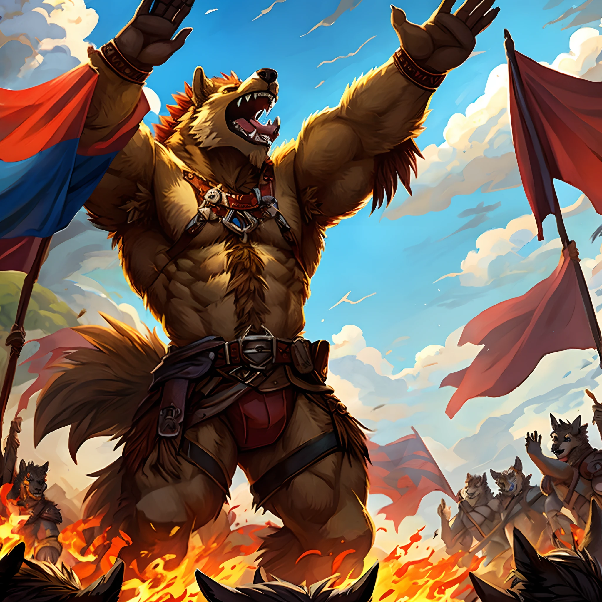 Gnoll, waving a banner in the air, colors are red yellow with a bit of blue, masterpiece, best quality