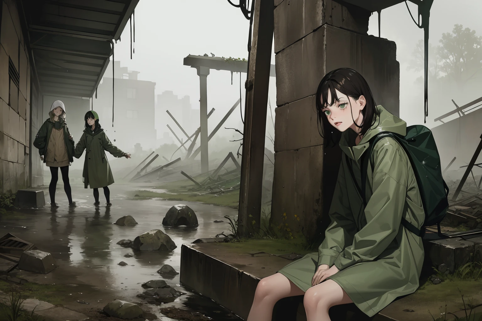masterpiece, best quality, 2girls, (closeup), 18yo teen, slim, small breast, walk knee-deep in water, sad, tired, dirty face, green raincoat, hoods on, goggles on head, (backpacks), military pants, heavy rain, downpour, flood, wasteland, abandoned train station, grey, desolate, rain, dark, watercolor, sketch