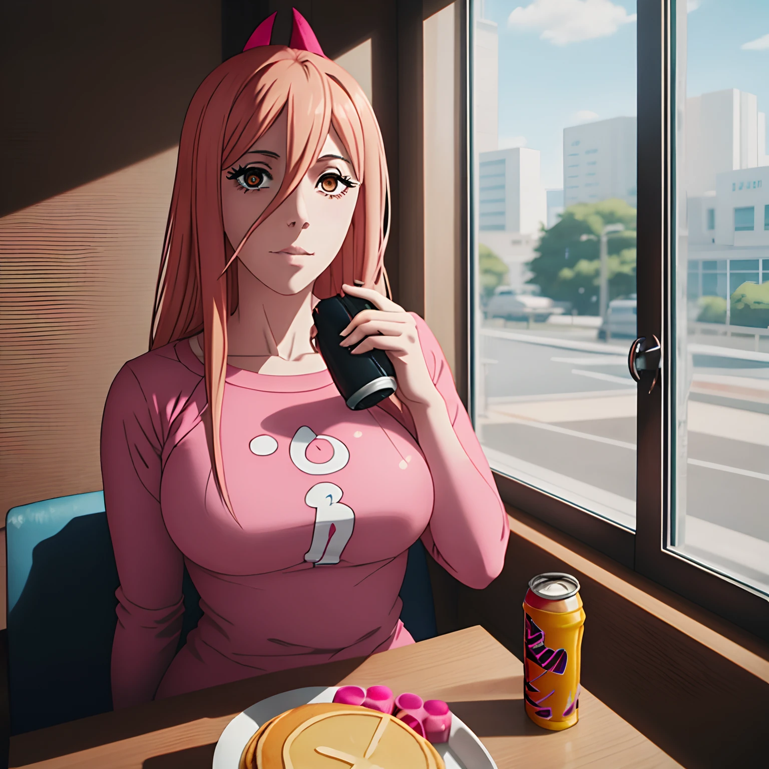 there is a woman with pink hair sitting on a bench holding a cell phone, belle delphine, better known as amouranth, thicc, amouranth, emo girl eating pancakes, pink and black, anime girl in real life, anime girl drinks energy drink, with pink hair, young beautiful amouranth, at the counter