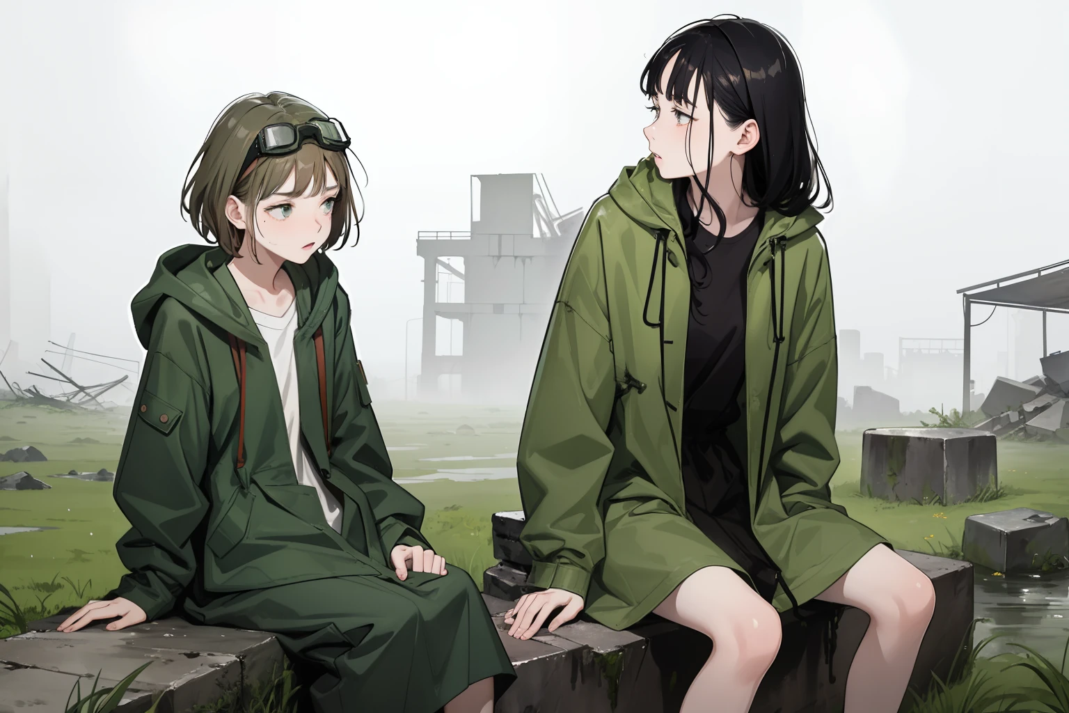 masterpiece, best quality, 2girls, (closeup), 18yo teen, slim, small breast, side view, sitting on stone, sad, tired, dirty face, green raincoat, goggles on head, (backpacks), heavy rain, downpour, wasteland, industrial ruins, grey, desolate, rain, dark, watercolor