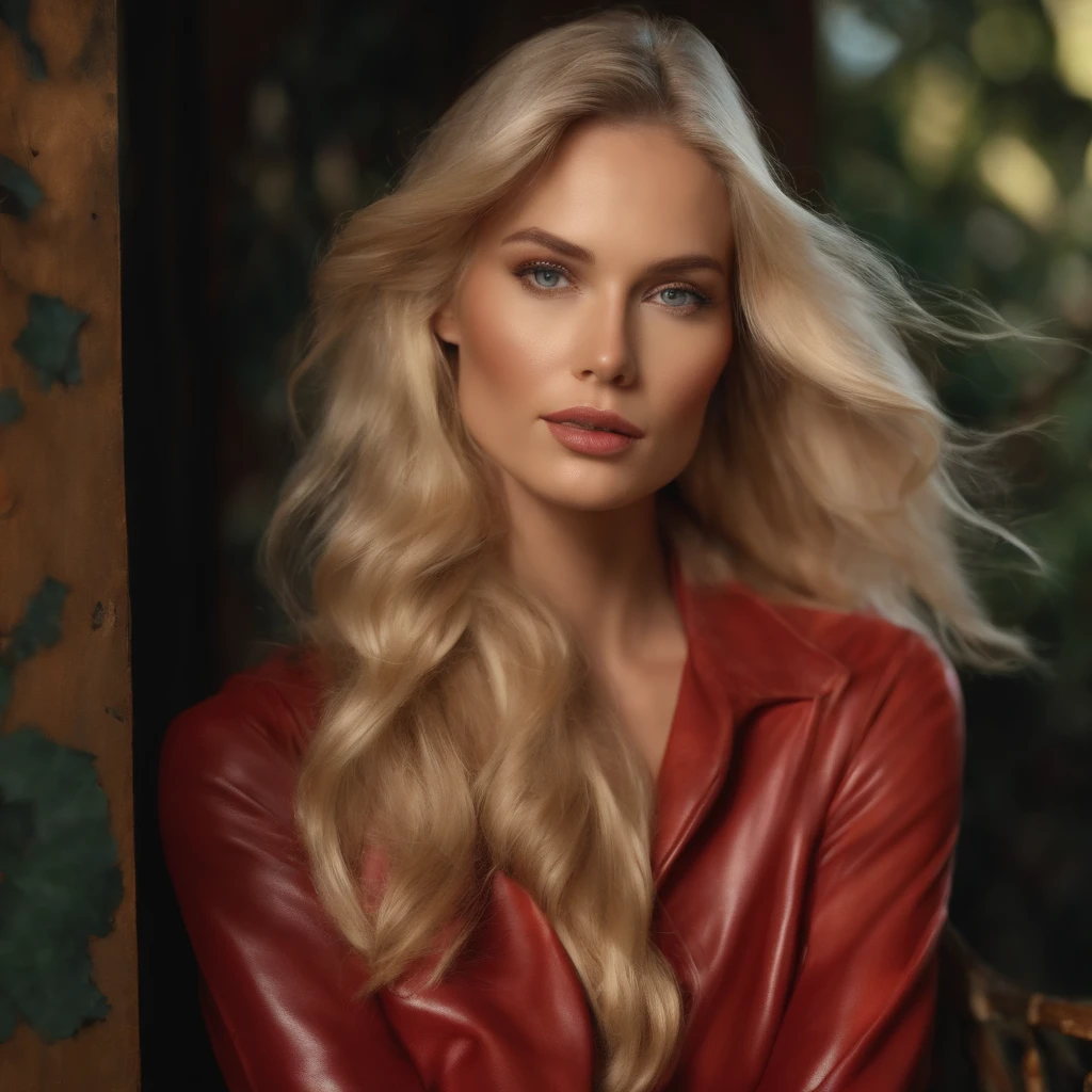 Generate a video of a blonde adorable woman in her 30s with long hair and clothes made of lacquer and leather