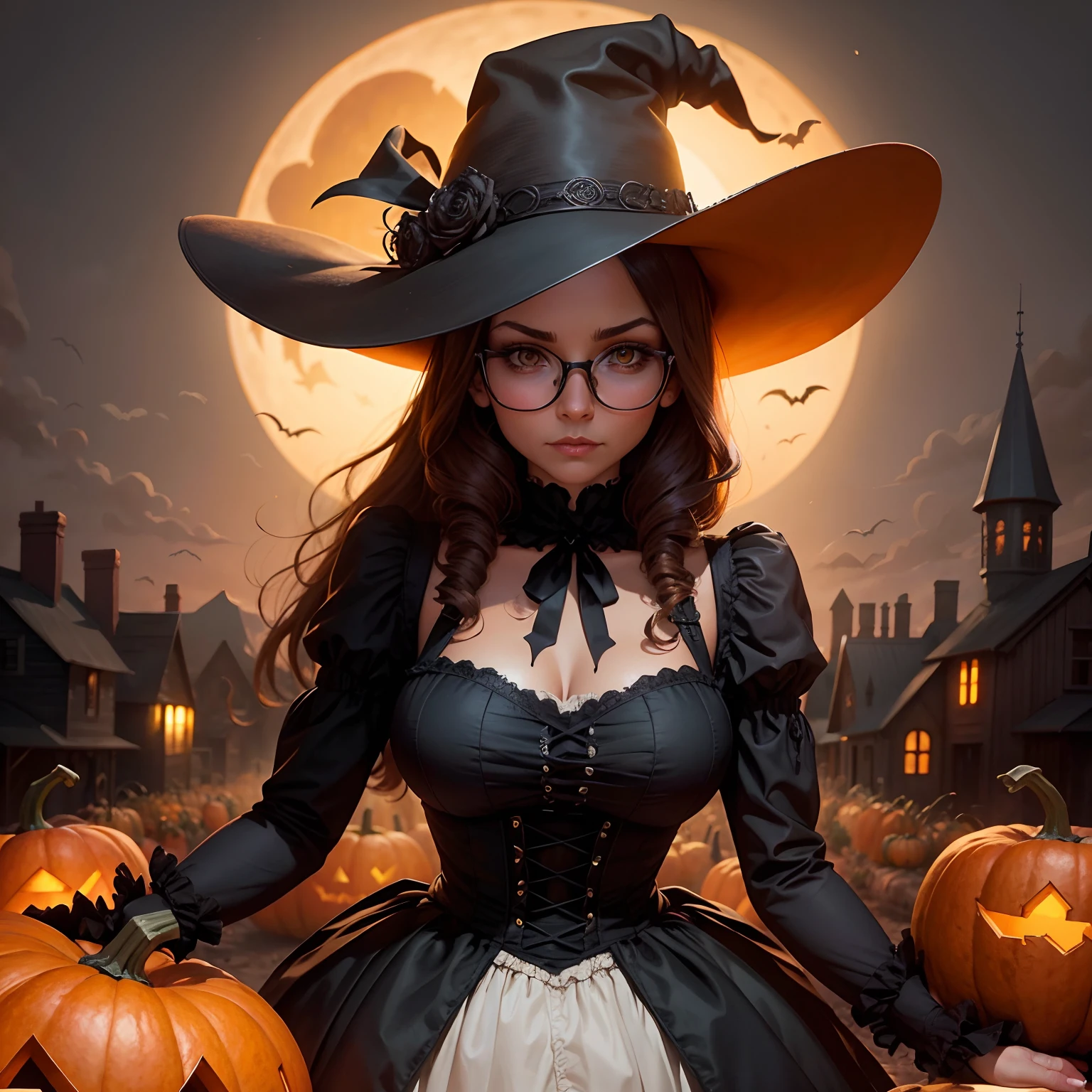 "Gothic scarecrow in a Victorian fall setting, surrounded by pumpkin patches and spooky skulls, giving off a Halloween vibe, with a cute twist, curvy , tan skin, brown hair, round glasses, inspired by the style of Boris Vallejo."