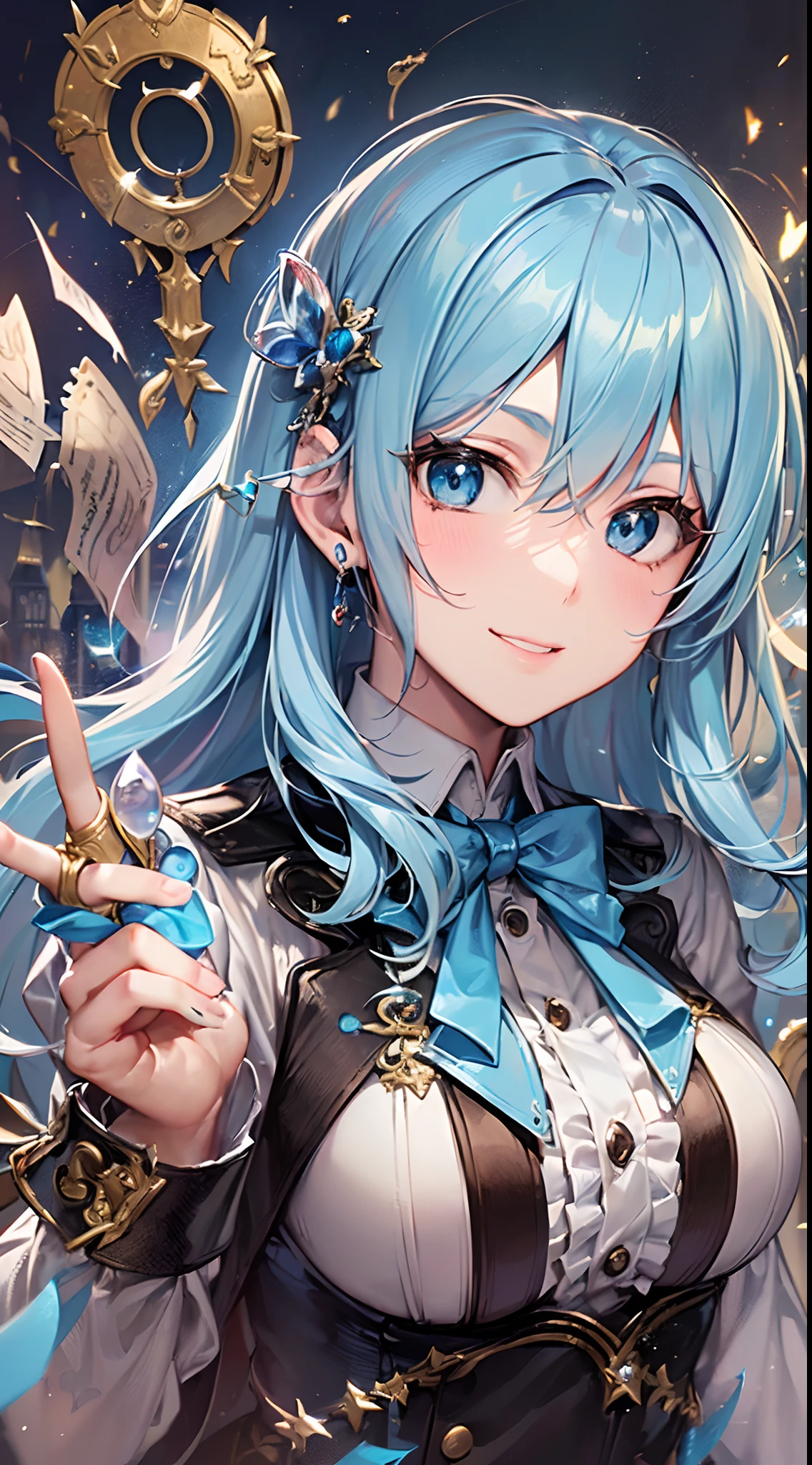 ((Finest quality)),(超A high resolution),(ultra-detailliert),(Meticulous portrayal),((Best Anime)),(Finest works of art),sharpnes,Clair, (Beautiful female magician in tailcoat:1.5),(Light blue shortcut:1.5),Invincible smile, Magic Show,Lots of balloons,Paper Tape