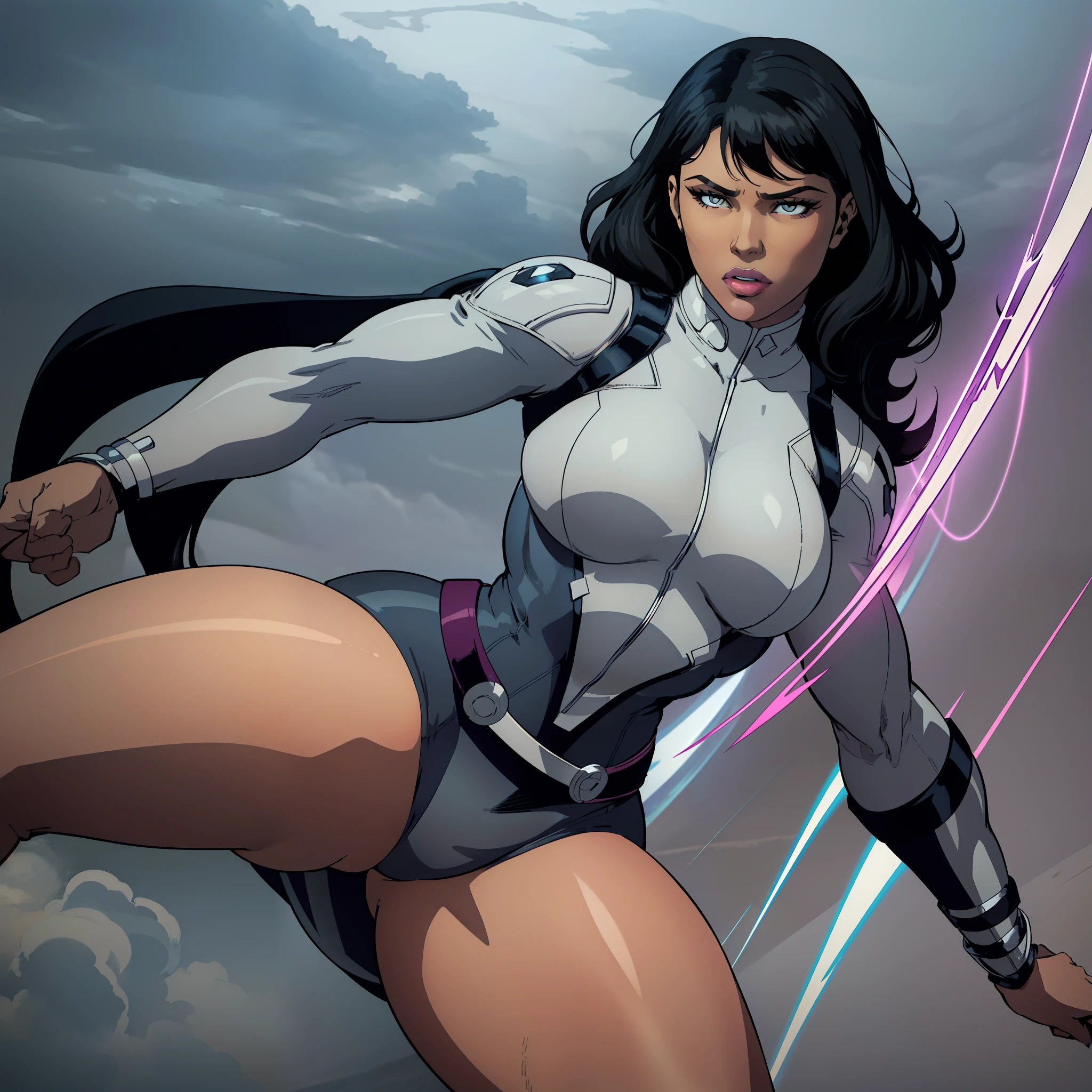 (masterpiece), (best quality), ((Nicki Minaj)), makeup, (brown skinned female), (thick thighs), ((small breasts:1:1)), hair with bangs, ((storm from x-men outfit)), ((grey background)), contoured