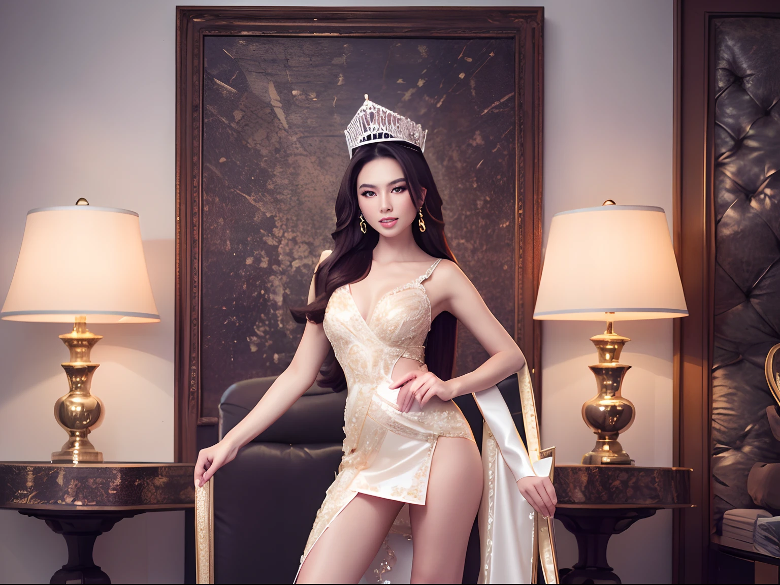 Masterpiece, professional portrait photo, miss Grand International in the best outfit for her, everything is bright but she is the brightest.