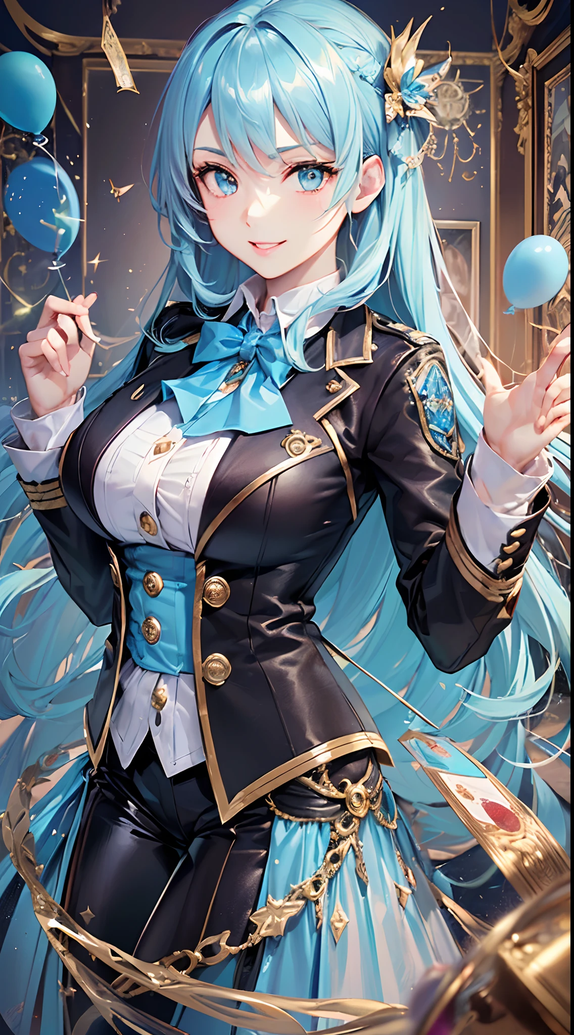 ((Finest quality)),(超A high resolution),(ultra-detailliert),(Meticulous portrayal),((Best Anime)),(Finest works of art),sharpnes,Clair, (Beautiful female magician in tailcoat:1.5),silk hat:1.3,(Light blue shortcut:1.5),Invincible smile, Magic Show,Lots of balloons,Paper Tape