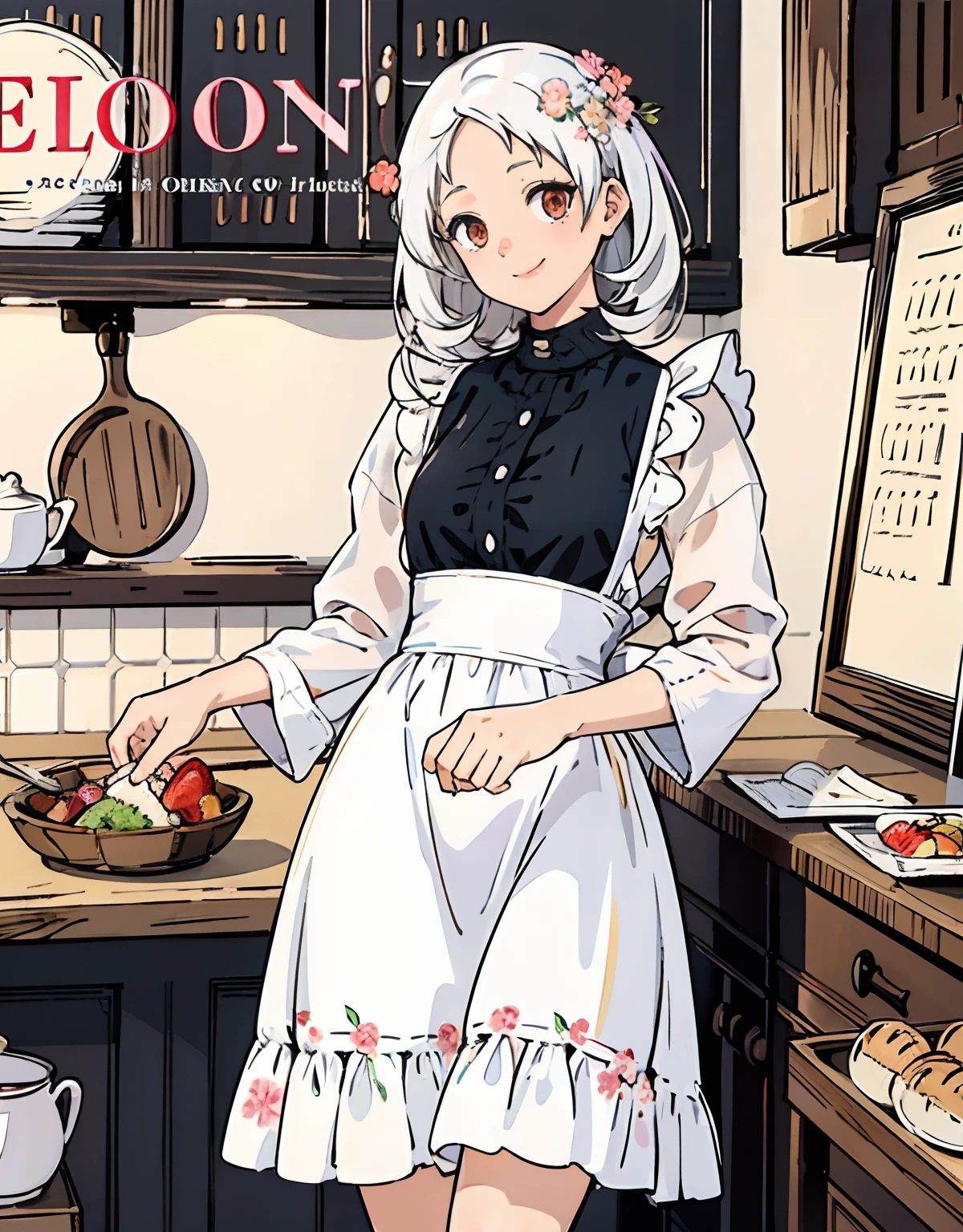 (Best Quality, Masterpiece), Front cover of a women's cooking magazine, detailed red eyes,1girl, 30 years old, super small white hair,stunning, cute, heartwarming smile, hourglass figure, wearing floral dress, pinny apron, beautiful food, text, diagrams, advertisements, magazine title