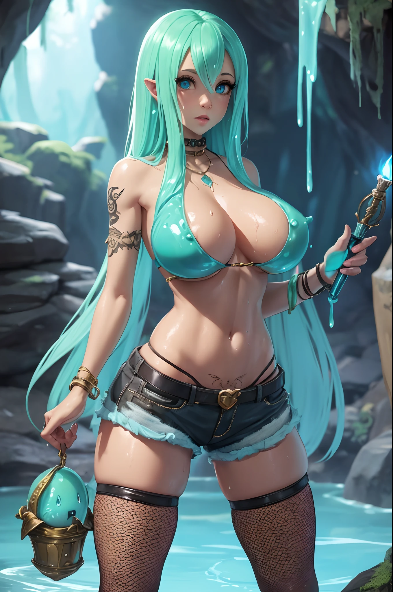 Fantasy young woman character with mini shorts, unbuttoned shorts, mini top, and slingshot thong, adorned with a fullbody tattoo, (slimey sweat skin). They have a fit slim bod with huge mommy milker (gigantic breasts), wearing boots and fishnet stockings. The character radiates a magical aura and possesses hair in various vibrant colors. They explore a dungeon, specifically a (slime cave), holding a torch to illuminate the darkness.