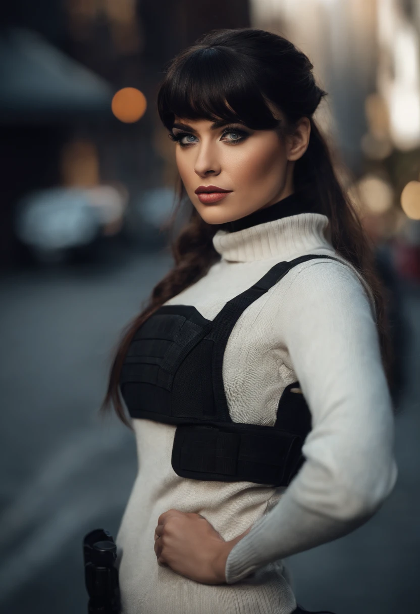 1girl, looks like Whitney Johns, solo, long hair, revealing black ops tactical vest, large breasts, fit body, looking at viewer, tokyo street background, black hair, two side up, turtleneck, blue eyes, lips, closed mouth, ribbon, hair ribbon, bangs, full body, 6 pack abs, parted bangs, black ribbon, ribbed sweater, twintails, nose, sexy features