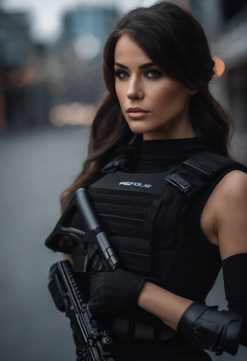 1girl, looks like Whitney Johns, solo, long hair, revealing black ops tactical vest, large breasts, fit body, looking at viewer, tokyo street background, black hair, two side up, turtleneck, blue eyes, lips, closed mouth, ribbon, hair ribbon, bangs, full body, 6 pack abs, parted bangs, black ribbon, ribbed sweater, twintails, nose, sexy features