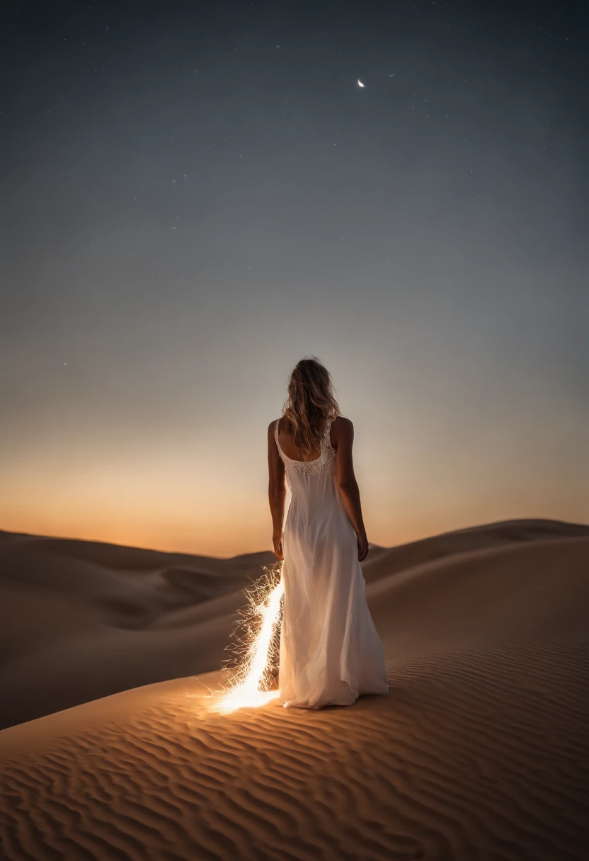 A women in a white tight silk dress standing on a sand dune in the middle of a vast desert, light painting halo in the background, lightpainting, amazing lighting effect, light art, beautiful lighting effects, light paint, diffuse lightpainting, anamorphic flares, lightpainting luminescent, luminous fire halo, flares anamorphic, creative lighting, epic lighting effects, awesome greate composition