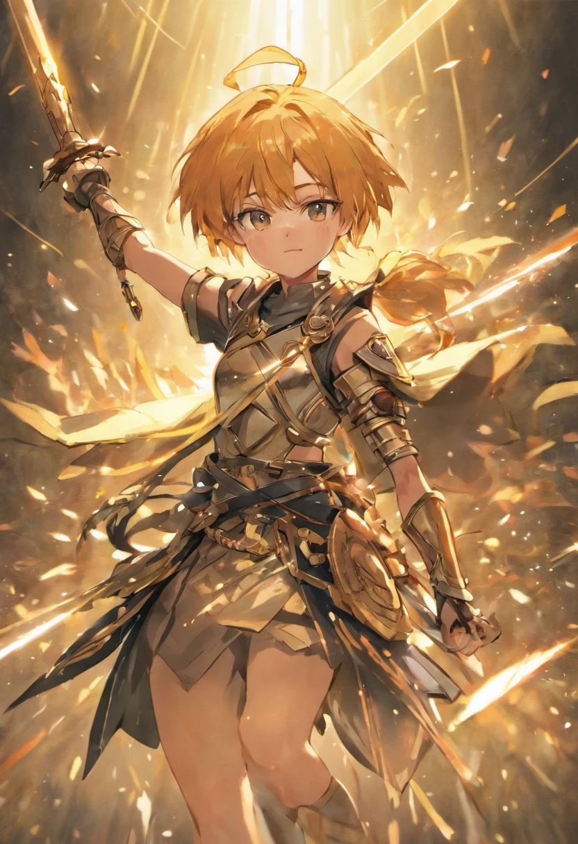 Desenhe um jovem guerreiro com cabelos espetados, usando uma armadura de gladiador e segurando uma espada brilhante. fazendo com que seus olhos brilhem em um tom dourado intenso