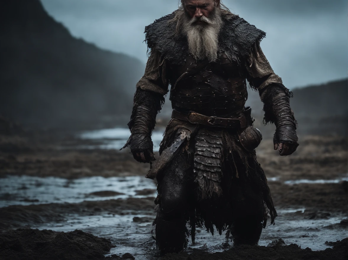 Old Evil Viking Warrior emerging from the black mud with dark warpaint and large scruffy black beard and glowing Eyes, fully armored, menacing, cinematic lighting, full portrait, moody, wet, dripping thick mud, volumetric lighting --ar 2:3 --beta --upbeta