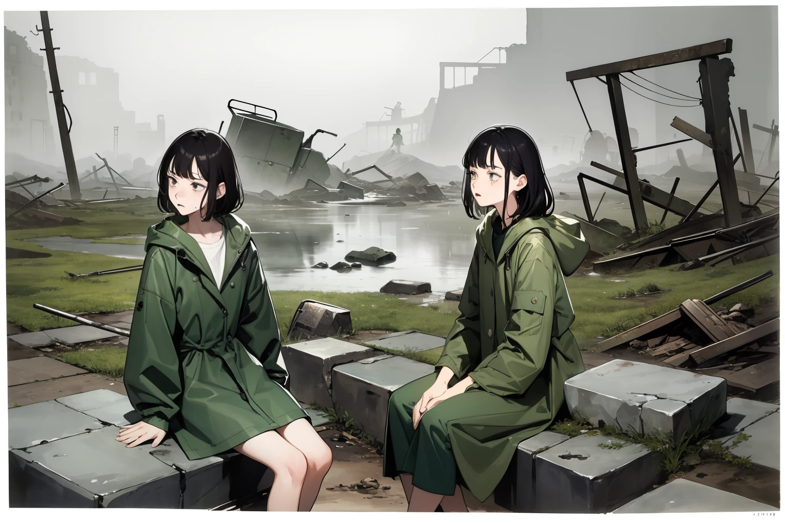 masterpiece, best quality, 2girls, (closeup), 18yo teen, slim, small breast, side view, sitting on stone, sad, tired, dirty face, green raincoat, goggles on head, (backpacks), heavy rain, downpour, wasteland, industrial ruins, grey, desolate, rain, dark, watercolor