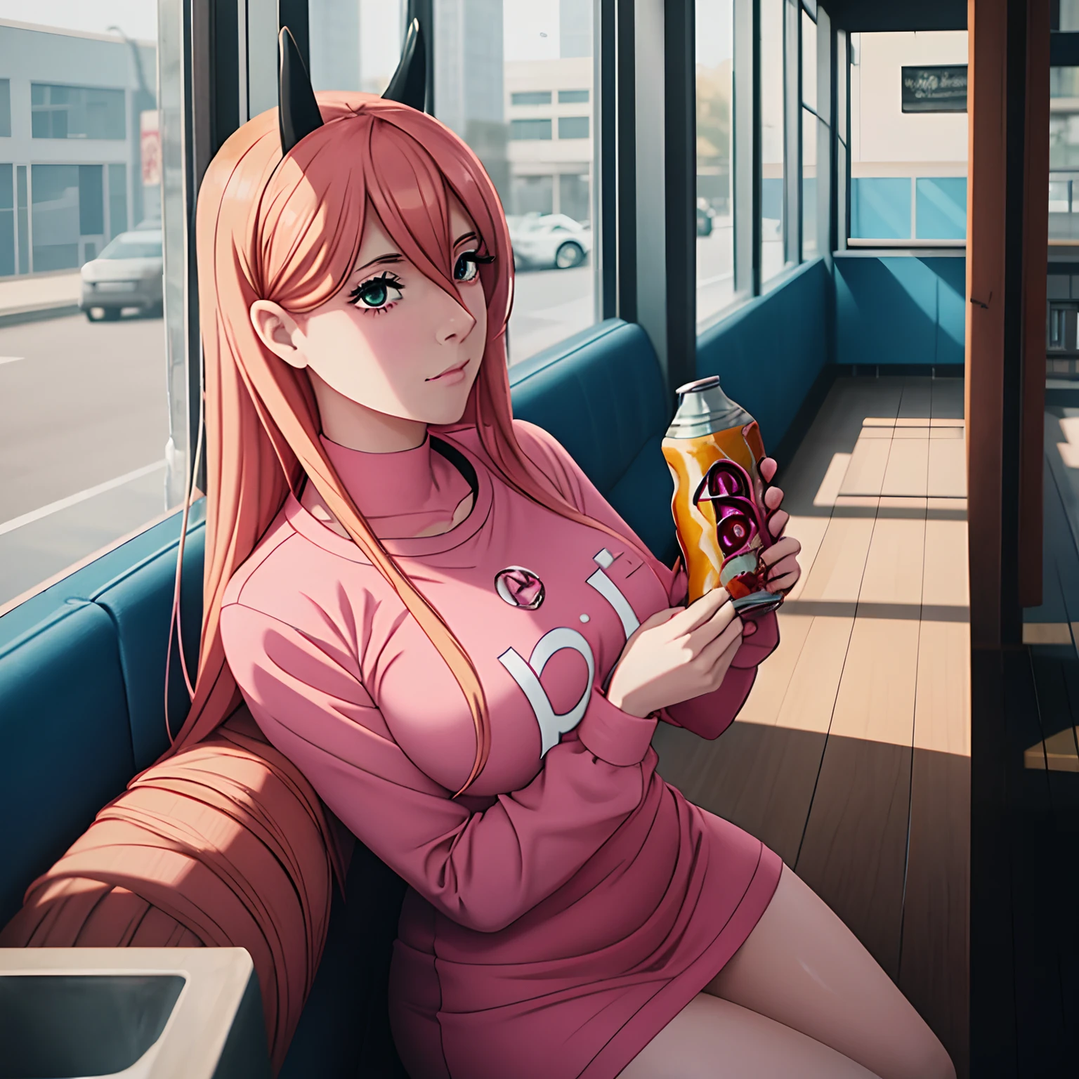 there is a woman with pink hair sitting on a bench holding a cell phone, belle delphine, better known as amouranth, thicc, amouranth, emo girl eating pancakes, pink and black, anime girl in real life, anime girl drinks energy drink, with pink hair, young beautiful amouranth, at the counter