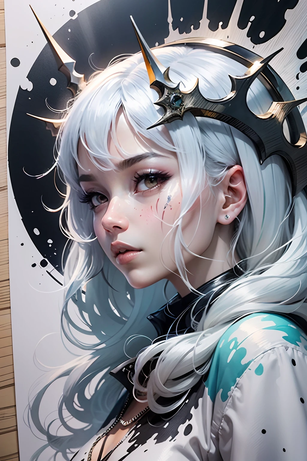 inimalistic ink drawing style, vanishing point on white paper, one line artwork by Tsutomu Nihei portraying the beauty of a queen of nature, crystal fish crown, dynamic design, watercolour splash art incorporated as complimentary elements, 8k --auto --s2