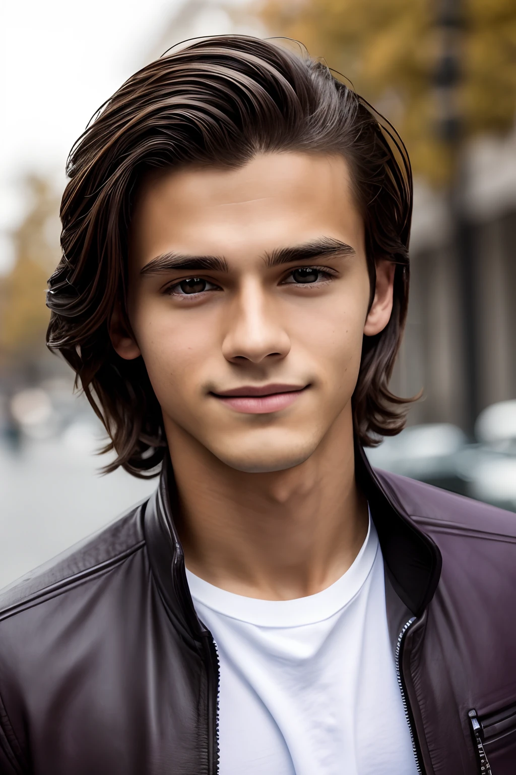 Photograph of a handsome boy, , fair skin, slim body, straight brown hair, shoulder-length long hair, stylish men's haircut, masculine face, young face, bright violet eyes, detailed face, full lips, smiling feature, symmetrical face, posing for a photo, wearing a black jacket, background image with neutral color, edited in Adobe Premiere, 8k