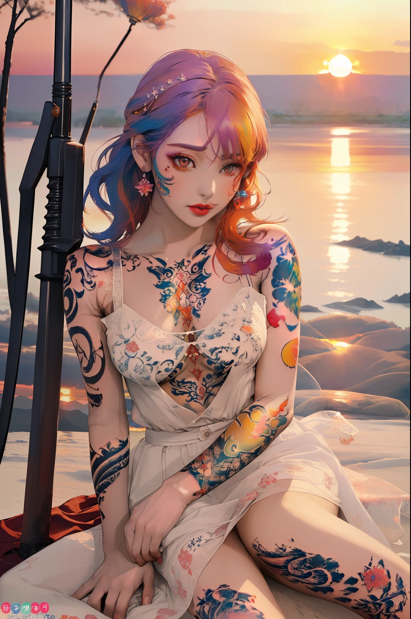 (woman masterpiece, highest quality, best quality, official art , body beautiful ,delicate and beautiful face, dreamy cold eyes, (((Colorful tattoo))),((Sunset)) ,((Weapon Pictures)), [red lip], (long wrinkled white shirt), (((very delicate and beautiful))) (sitting), expressionless, {( colored_hair_White:0.9_and_orange:0.8)},Warm colours