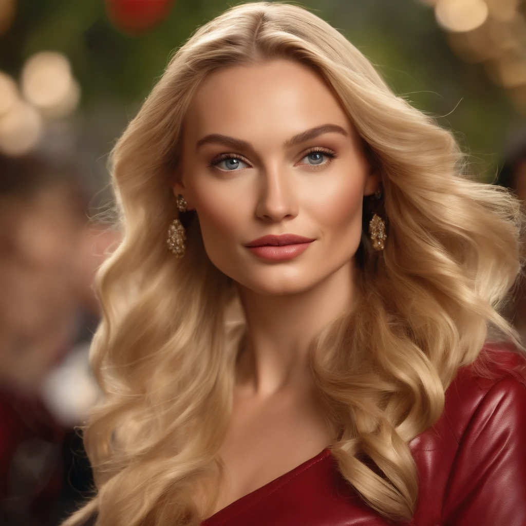 Generate a photorealistic photo of a blonde adorable woman in her 30s with long hair, a beautiful skin where the pores can be seen and modern designer clothing made of lacquer and leather from Dolce and Gabbana