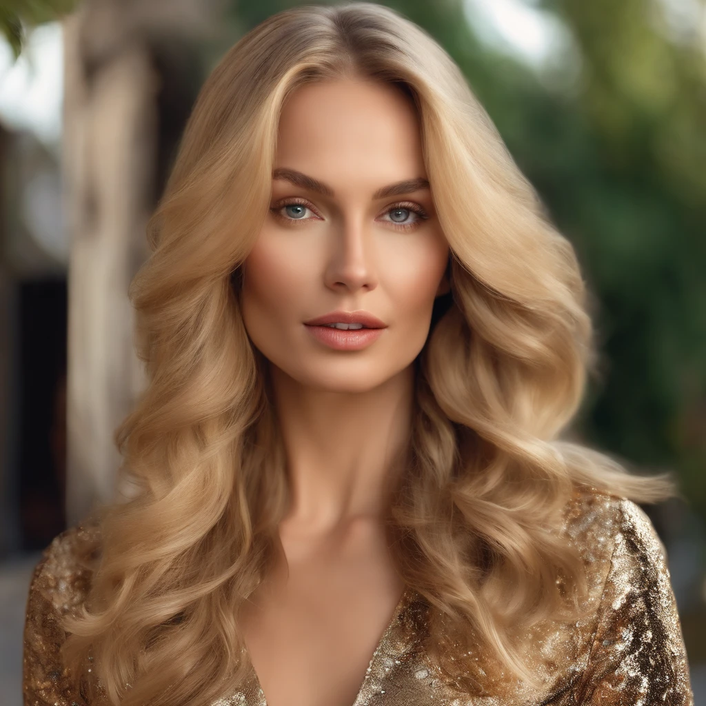 Generate a photorealistic photo of a blonde adorable woman in her 30s with long hair, a beautiful skin where the pores can be seen and modern designer clothing made of lacquer and leather from Dolce and Gabbana