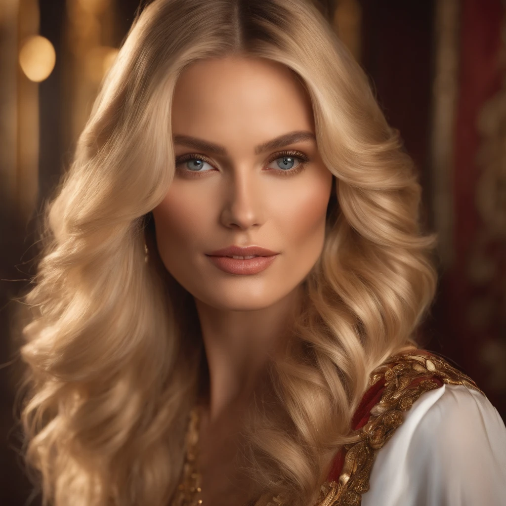 Generate a photorealistic photo of a blonde adorable woman in her 30s with long hair, a beautiful skin where the pores can be seen and modern designer clothing made of lacquer and leather from Dolce and Gabbana