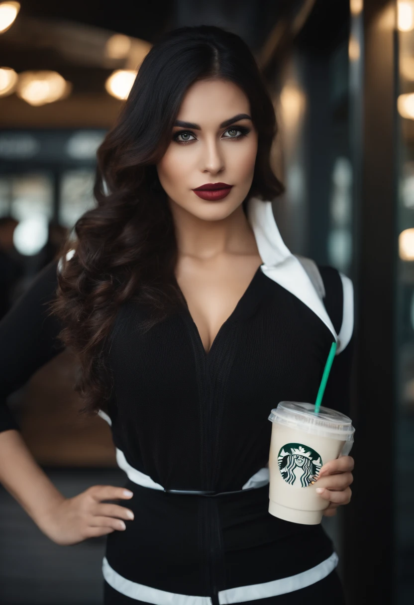 1girl saree dress at Starbucks Coffe , looks like Whitney Johns, solo, long hair, revealing black ops tactical vest, large breasts, fit body, looking at viewer, tokyo street background, black hair, two side up, turtleneck, blue eyes, lips, closed mouth, ribbon, hair ribbon, bangs, full body, 6 pack abs, parted bangs, black ribbon, ribbed sweater, twintails, nose, sexy features