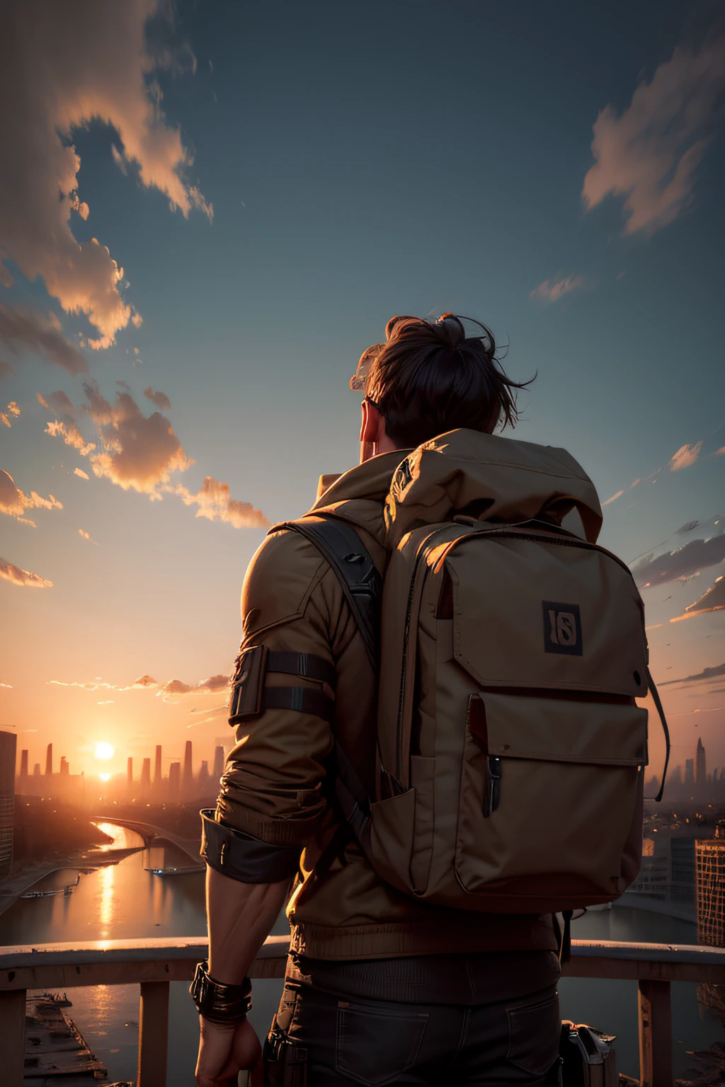 "Create an image of a man with a backpack on his back, at the top of a bridge, looking at a devastated and abandoned city in a post-apocalyptic setting, with the sun setting on the horizon."