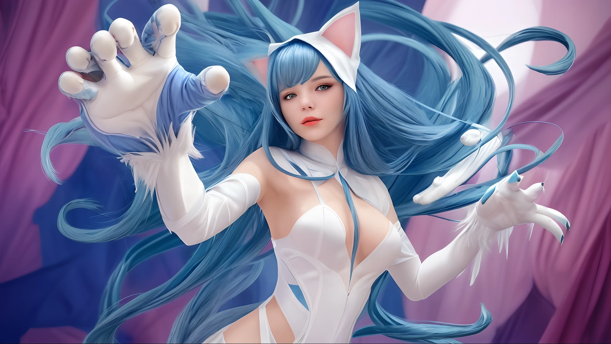woman with long blue hair, white cat costume, cat claws