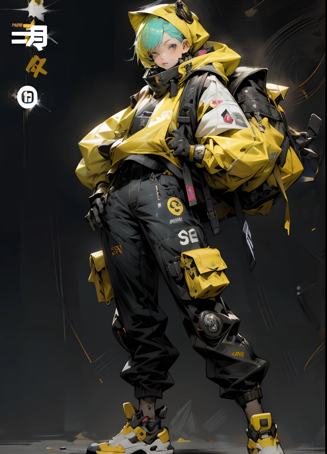 Realistic style, a full body, mecha cute girl wear streetwear puffer jacket and backpack , swag pose, vibrant colors, shiny, megazine cover,detailed, looks dirty and blessing,black background,by Aleksi Briclot